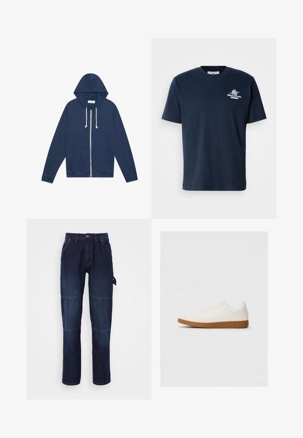 Sweat à capuche zippé bleu marine avec des cordons blancs, poches avant, manches longues et étiquette "Pier One" à l'intérieur du col.; T-shirt en coton bleu marine à manches courtes, col rond, avec un imprimé graphique à l'avant d'un globe et le texte "Marc O'Polo DENIM." Design simple.; Pantalon en denim bleu foncé avec une coupe droite. Comprend des poches latérales, une fermeture à bouton, et des coutures contrastées au niveau des genoux.; Baskets blanches avec un capuchon en daim, un dessus en synthétique lisse et une semelle en caoutchouc marron. Présente des perforations sur les côtés pour une meilleure respirabilité.