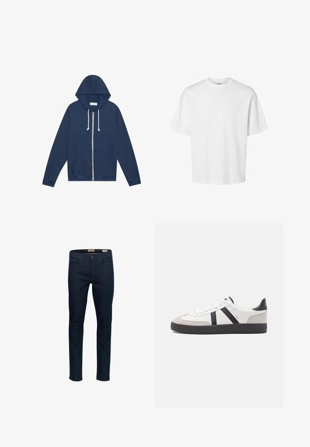 Marineblaue Zip-Hoodie mit weißen Kordeln, Fronttaschen, langen Ärmeln und einem "Pier One"-Etikett im Kragen.; Schlichtes weißes T-Shirt mit kurzen Ärmeln, Rundhalsausschnitt und lockerem Schnitt, abgebildet auf weißem Hintergrund.; Dunkelblaue Jeans aus Denim im Slim-Fit-Schnitt, mit fünf Taschen und einem Knopfverschluss vorne. Merkmale sind feine Nähte und eine glatte Textur.; Weiße Sneaker mit schwarz- und grau-aczenten, ausgestattet mit einer strukturierten grauen Zehenkappe, schwarzer Gummi-Sohle und flachen weißen Schnürsenkeln. Sauberes Design, minimalistische Stil.