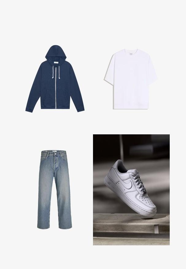 Marineblauwe ritshoodie met witte trekkoorden, voorzakken, lange mouwen en een "Pier One" label aan de binnenkant van de kraag.; Effen wit oversized T-shirt met korte mouwen en ronde hals, platliggend op een witte achtergrond.; Lichtblauwe denim jeans met een losse pasvorm, hoge taille en rechte pijpen. Bevat voorzakken en een metalen knoopsluiting.; Witte Nike Air Force 1 sneaker van leer met geperforeerde neus, platte veters en een gestructureerde rubberen zool met "AIR"-logo aan de zijkant.