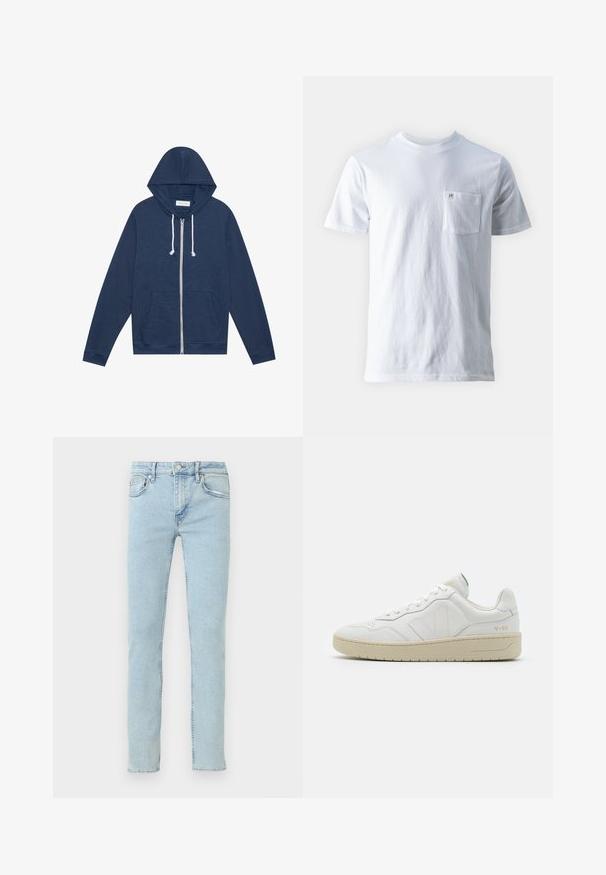 Marineblauwe ritshoodie met witte trekkoorden, voorzakken, lange mouwen en een "Pier One" label aan de binnenkant van de kraag.; Witte katoenen t-shirt met een ronde hals, korte mouwen en een zak op de linkerkant van de borst, met een klein logo op de zak. Gladde textuur.; Lichtblauwe spijkerbroek met rechte pijpen, voorzien van vijf zakken, subtiele vervaging en klassieke stikseldetails.; Witte leren sneakers met een gestructureerde afwerking en een gevoerde kraag. Voorzien van een beige rubberen zool en subtiele branding op de hiel en zijkant.