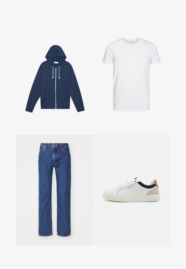 Mørkeblå zip-up hoodie med hvide snore, forlommer, lange ærmer, og et "Pier One"-mærke inde i kraven.; Rundhals kortærmet t-shirt i ensfarvet hvid, lavet af blød bomuld, har et simpelt design uden synlige mønstre eller detaljer.; Straight-leg blå denim jeans med frontknap, lynlås, bæltestropper og fem-lomme design på en ensfarvet hvid baggrund.; Hvide lædersneakers med low-top design, marineblå stofdetalje på kraven og en lys lyserød suede hælflap. Gummisål.