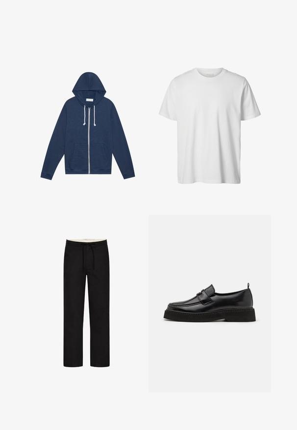 Mørkeblå zip-up hoodie med hvide snore, forlommer, lange ærmer, og et "Pier One"-mærke inde i kraven.; Enkelt hvid T-shirt med korte ærmer og rund hals, løs pasform og uden synlige logoer eller designs foran.; Sorte straight-leg bukser med elastisk liv, snor og en understated design. Blød stofstruktur. Ingen synlige mønstre eller accenter.; Sorte læder loafersko i stil med flad, tekstureret sål, med en syet tå og en rem over vristen.