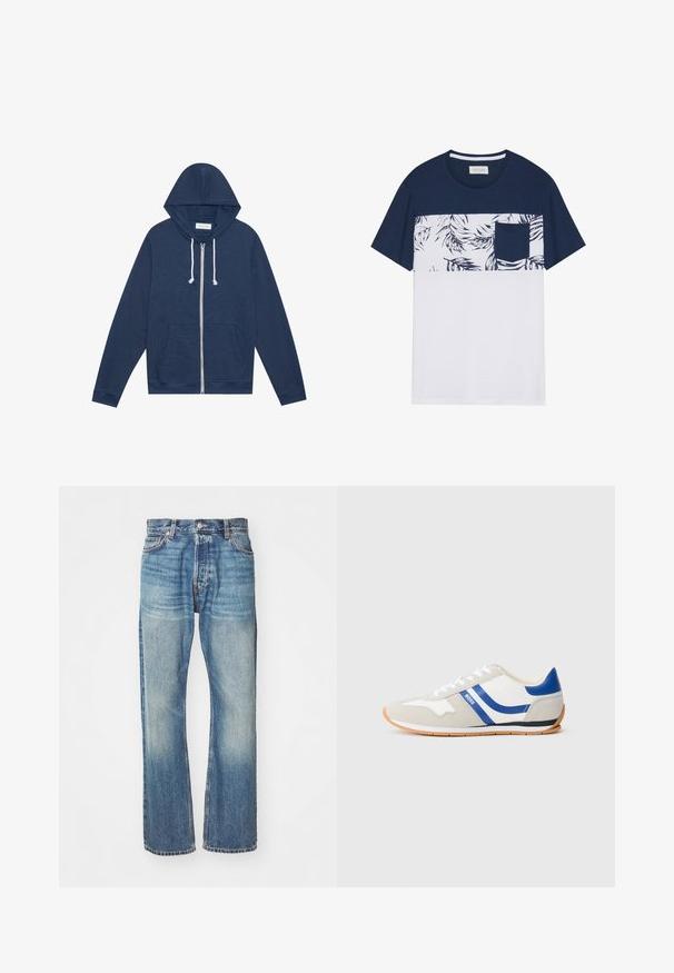 Sudadera de cremallera azul marino con cordones blancos, bolsillos frontales, mangas largas y una etiqueta "Pier One" en el cuello.; Camiseta de manga corta hecha de una mezcla de algodón, en navy y blanco. Presenta un estampado de hojas tropicales en la parte delantera y un bolsillo en el pecho.; Jeans de mezclilla azul claro con un diseño clásico de pierna recta, acabado desgastado y costuras visibles en toda su extensión. Presenta bolsillos frontales y trabillas para cinturón.; Zapatillas deportivas con parte superior de ante blanco y gris, acentos azules, cierre con cordones y suela de goma color natural. Presentan un diseño curvado y detalle de logo.