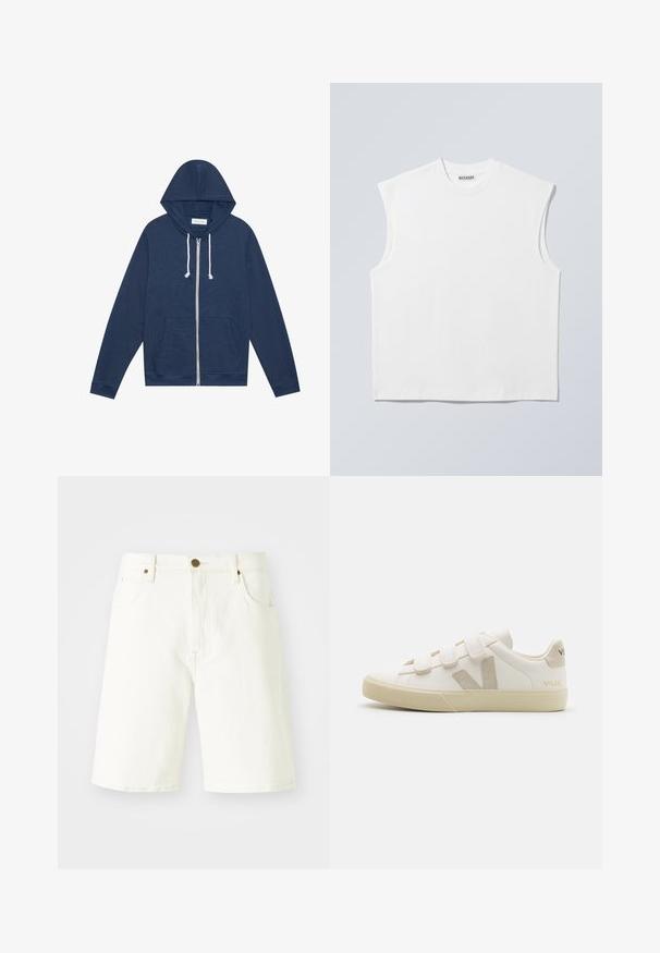 Sweat à capuche zippé bleu marine avec des cordons blancs, poches avant, manches longues et étiquette "Pier One" à l'intérieur du col.; Haut blanc sans manches en coton à col rond avec épaules structurées, marqué "WEEKDAY" sur l'étiquette du col, présenté sur un fond gris clair.; Shorts en denim blanc avec une coupe droite, design classique à cinq poches et fermeture à bouton en cuivre. Texture lisse et bords ourlés.; Baskets en cuir blanc avec des bandes Velcro, accents beiges, bout arrondi, semelle en caoutchouc texturé et logo embossé. Design minimaliste.