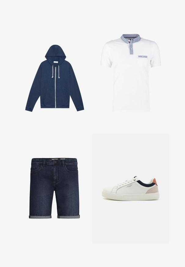 Sweat à capuche zippé bleu marine avec des cordons blancs, poches avant, manches longues et étiquette "Pier One" à l'intérieur du col.; Polo blanc avec col en denim, présentant une patte de boutonnage et une poche poitrine. Manches courtes avec une texture lisse et douce.; Shorts en denim bleu foncé, avec un design classique à cinq poches, un ourlet roulé et une fermeture à bouton. Texture lisse.; Baskets en cuir blanc avec un design bas, accent en tissu bleu marine sur le col et onglet de talon en daim rose pâle. Semelle en caoutchouc.