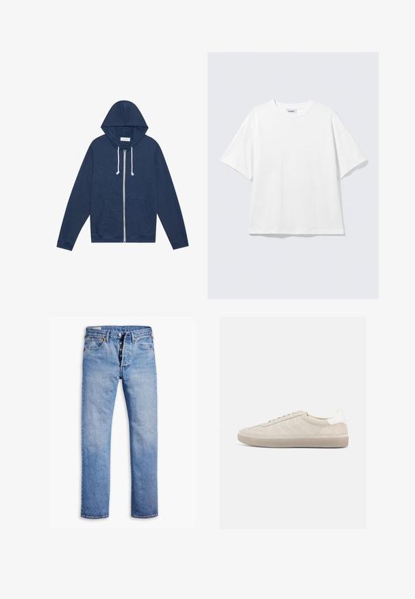 Sweat à capuche zippé bleu marine avec des cordons blancs, poches avant, manches longues et étiquette "Pier One" à l'intérieur du col.; T-shirt blanc oversize à manches courtes, col rond, épaules tombantes, posé à plat sur fond gris clair.; Jeans en denim bleu clair avec une coupe droite, une fermeture à cinq boutons, des passants de ceinture et un délavage subtil. Dispose de deux poches avant et de rivets en cuivre.; Baskets en daim beige avec une tige texturée, un contrefort de talon blanc lisse, de fines lacets et une semelle extérieure en caoutchouc. Présente un design bas profil.