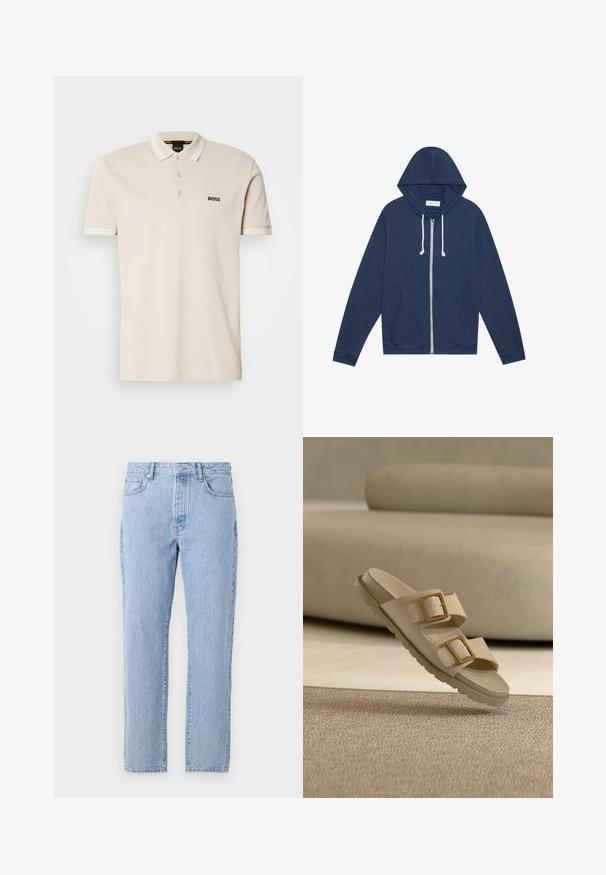Sudadera de cremallera azul marino con cordones blancos, bolsillos frontales, mangas largas y una etiqueta "Pier One" en el cuello.; Camisa polo beige con cuello, tapeta de tres botones y logo negro bordado en el lado izquierdo del pecho. Mangas cortas con acentos blancos.; Vaqueros de mezclilla de color azul claro con un diseño de pierna recta, cinco bolsillos y cierre de botones. Textura suave con un acabado clásico descolorido.; Sandalia beige de doble tira con grandes hebillas doradas, suela texturizada, flotando sobre una alfombra beige con sofá de fondo a juego.