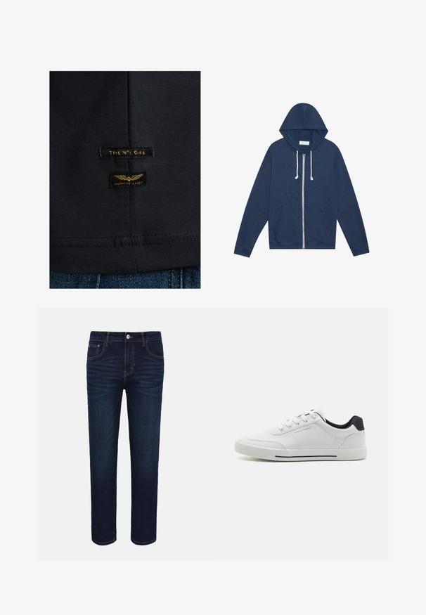 Sweat à capuche zippé bleu marine avec des cordons blancs, poches avant, manches longues et étiquette "Pier One" à l'intérieur du col.; T-shirt en coton noir avec une texture lisse. Il comporte deux étiquettes : "TYPE NO: C-46" et "CLASSIQUE AMÉRICAIN" en jaune sur un tissu sombre.; Jean denim bleu foncé avec poches avant, fermeture à boutons et détails légèrement délavés au niveau des cuisses sur fond blanc.; Baskets blanches avec un dessus en synthétique lisse, bout rond, design à lacets, accent marine sur le talon, et une semelle en caoutchouc texturée avec une bande noire.