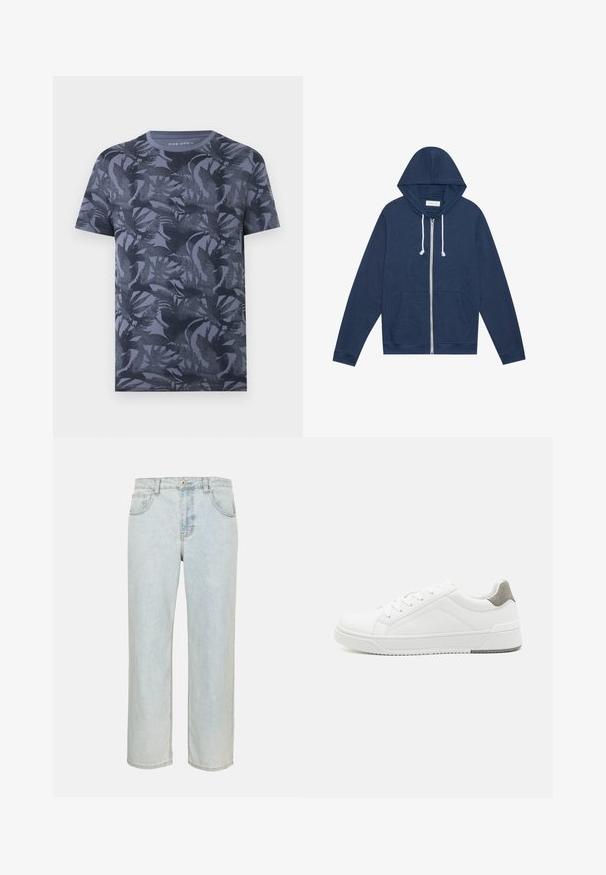 Sweat à capuche zippé bleu marine avec des cordons blancs, poches avant, manches longues et étiquette "Pier One" à l'intérieur du col.; T-shirt homme manches courtes col rond bleu foncé avec un motif discret de feuilles tropicales sur l'ensemble.; Jean denim bleu clair droit avec poches avant, passants de ceinture et fermeture par bouton sur un fond uni.; Basket blanche en cuir lisse, à bout arrondi, design minimaliste, accent de talon gris et semelle en caoutchouc texturé.