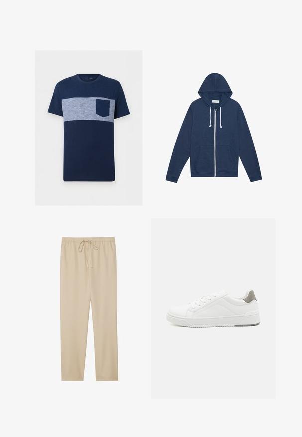Sweat à capuche zippé bleu marine avec des cordons blancs, poches avant, manches longues et étiquette "Pier One" à l'intérieur du col.; T-shirt homme bleu marine à manches courtes avec une bande horizontale rayée bleu clair et blanc sur la poitrine et une poche poitrine unie bleu marine.; Pantalons beiges légers avec une taille élastiquée et un cordon de serrage. Design à jambes droites ; texture lisse sans motifs ni embellissements.; Basket blanche en cuir lisse, à bout arrondi, design minimaliste, accent de talon gris et semelle en caoutchouc texturé.