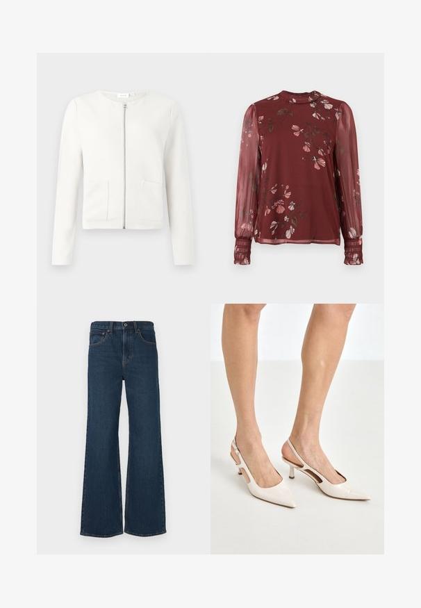 Veste blanche à fermeture éclair avec manches longues, dotée de deux poches avant, tissu texturé, et col rond. Design minimaliste sans motifs.; Blouse bordeaux transparente à manches longues avec imprimé floral rose, col montant à volants et poignets froncés.; Jean en denim de lavage foncé, à pattes d'éléphant. Comprend cinq poches, une fermeture à bouton et des coutures visibles le long des coutures.; Escarpins à talon slingback en cuir verni beige avec un bout pointu et un talon de 5 cm, présentant des côtés découpés et une fine bride à la cheville.