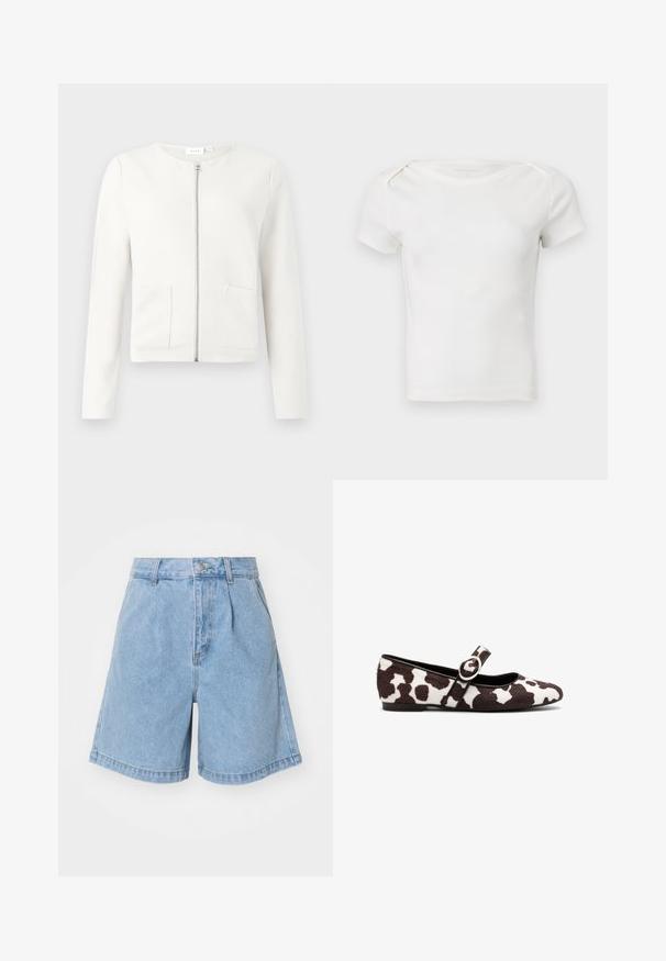 Weißes Reißverschluss-Jacke mit langen Ärmeln, zwei vorderen Taschen, strukturiertem Stoff und rundem Ausschnitt. Minimalistisches Design ohne Muster.; Weißes kurzärmeliges geripptes Strick-Top für Babys oder Kleinkinder mit rundem Ausschnitt und Schulterknöpfen vor einfachem Hintergrund.; Hellblaue Jeansshorts mit hoher Taille, gefaltetem Vorderteil und weitem, gerade geschnittenem Bein. Abgeschlossen mit einem Knopfverschluss und Gürtelschlaufen.; Ballettflats aus weißen und braunen Kuhfell mit rundem Zehenbereich und einem Riemen mit einer runden Schnallendetail. Flache Sohle.