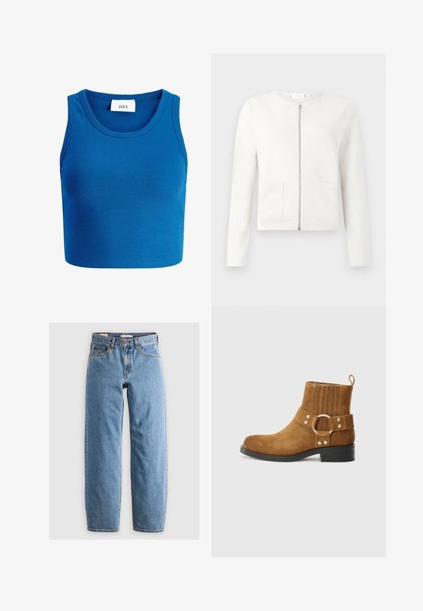 Witte jas met rits en lange mouwen, voorzien van twee voorzakken, een gestructureerde stof en een ronde halslijn. Minimalistisch ontwerp zonder patronen.; Blauwe geribde crop top met brede halslijn, zonder mouwen ontwerp, en een label met de tekst "JJXX" in het midden van de halslijn.; Lichtblauwe denim jeans met een recht model, vijf zakken, een ritsluiting en een subtiele vervaagde textuur. Klassieke stijl met minimale hardware.; Bruine suede enkellaars met een ronde neus, decoratieve band, ronde gesp en verticale stiksels op de schacht; lage zwarte hak.