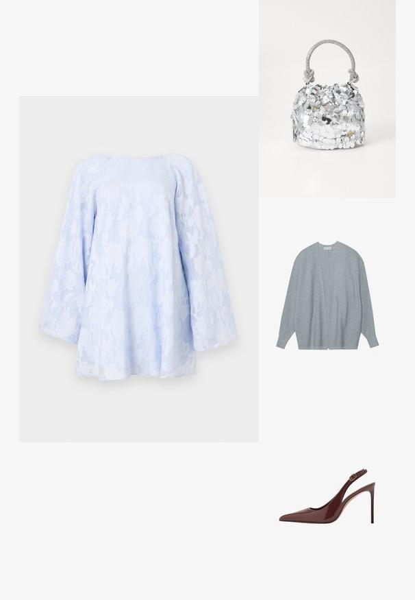 Lichtgrijze cardigan van zacht materiaal, met een open voorkant, lange mouwen en een relaxte pasvorm met subtiele ribbelstructuur.; Lichtblauwe blouse met bloemenkant overlay, lange mouwen en een ontspannen pasvorm. Heeft een ronde halslijn en een gestructureerd oppervlak.; Donkerbruine lakleren slingback met spitse neus, hoge hak en verstelbare gespriem. De slanke stilettohak voegt een elegante touch toe.; Ronde zilveren handtas bedekt met reflecterende pailletten, met een gevlochten hengsel en een klein logo aan de voorkant. Over het geheel een gladde textuur.