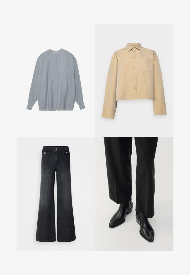 Lichtgrijze cardigan van zacht materiaal, met een open voorkant, lange mouwen en een relaxte pasvorm met subtiele ribbelstructuur.; Geknipte beige shirt van katoenmix, met een puntkraag, knoopsluiting aan de voorkant en een klein borstzakje met logo borduursel.; Zwarte denim wijd uitlopende jeans met een hoge taille, voorste knopen en twee voorzakken; soepele textuur met een lichte vervaging.; Zwarte leren enkellaarzen met een spitse neus, een gladde textuur en een vierkante hak. Gecombineerd met zwarte, wijde broekspijpen, wat een stijlvolle silhoutte creëert.