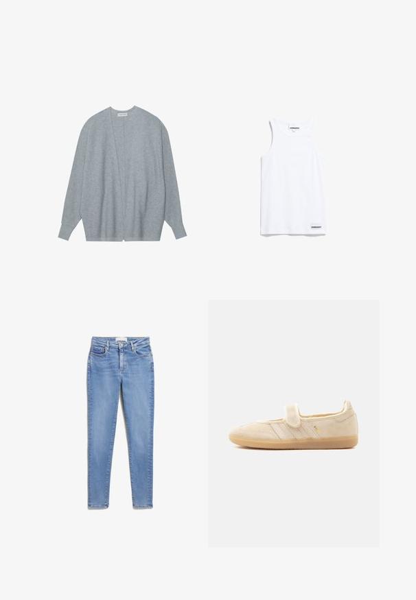 Lichtgrijze cardigan van zacht materiaal, met een open voorkant, lange mouwen en een relaxte pasvorm met subtiele ribbelstructuur.; Witte tanktop gemaakt van katoen. Voorzien van brede schouderbanden en een ronde halslijn. Inclusief een klein merkje aan de onderkant links.; Lichtblauwe denim jeans met een slim fit, met voorzakken, een knoopsluiting en een subtiele vervaagde textuur.; Beige suède Mary Jane sneaker met klittenbandsluiting, rubberen zool, drie gestikte strepen en gouden "SAMBA"-branding aan de zijkant.
