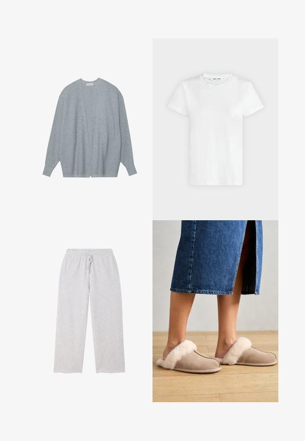 Lichtgrijze cardigan van zacht materiaal, met een open voorkant, lange mouwen en een relaxte pasvorm met subtiele ribbelstructuur.; Effen witte T-shirt met korte mouwen en ronde hals, plat liggend op een lichtgrijze achtergrond, met voorzijde en label aan de binnenkant van de halslijn zichtbaar.; Lichtgrijze joggingbroek met wijde pijpen, elastische tailleband en trekkoord, en zakken aan beide zijden.; UGG SCUFFETTE II - Pantoffels - sand