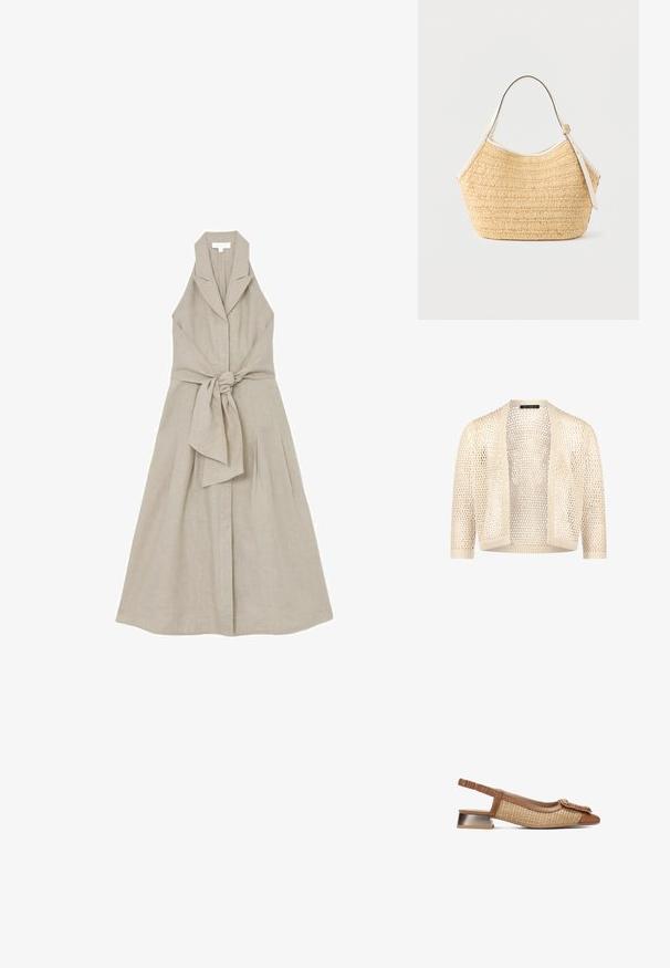 Beiger Häkel-Strickjacke mit offenem Vorderteil, dreiviertellangen Ärmeln und gerippten Kanten, leichtes und halbtransparentes Strickdesign.; Beiges ärmelloses Kleid mit Reverskragen und breitem Gürtel, der in der Taille verknotet ist, ausgestelltem Rock, flach auf weißem Hintergrund liegend.; Braune Slingback-Schuh mit gewebter Textur und glattem Leder. Verfügt über einen flachen metallischen Absatz und ein dekoratives, verdrehtes Detail an der Spitze.; Beige geflochtene Strohtasche mit weißem Lederbesatz und verstellbarem Schulterriemen, vor einem schlichten hellen Hintergrund präsentiert.
