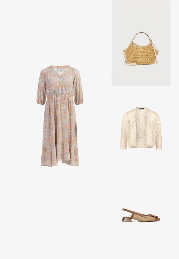 Beige open-front gehaakte cardigan met driekwartmouwen en geribbelde randen, lichtgewicht en semi-transparant gebreid ontwerp.; Midilengte jurk met elastische taille, driekwart mouwen en bloemenpatroon in zachte pasteltinten op een lichtblauwe achtergrond.; Bruine slingback schoen met geweven textuur en glad leer. Kenmerkt zich door een platte metallic hak en een decoratieve gedraaide details bij de tenen.; Beige geweven handtas met afgeronde vorm, voorzien van een handvat van roomkleurig leer en een verstelbare schouderriem met een gouden gesp detail.