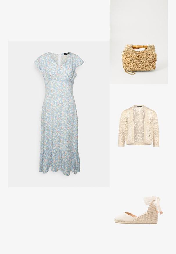 Cardigan beige ouvert en crochet avec manches aux trois-quarts et bords côtelés, design tricot léger et semi-transparent.; Even&Odd by Zalando Robe de jour - light blue/pink; Escarpin compensé en toile beige avec un dos texturé, un ruban de cheville crème et une semelle en jute tressé. Bout arrondi avec un léger talon.; Sac en paille tissée avec des poignées en bambou, présentant un design à franges texturé en beige naturel et une bandoulière en chaîne dorée.