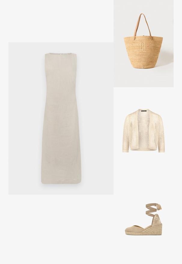 Beige hæklecardigan med åben front, trekvartlange ærmer og ribbet kanter, let og let gennemsigtigt strikket design.; Sleevless linnedress i lys beige, med en lige silhuet og rund halsudskæring, samt en skjult lynlås i ryggen til lukning.; Beige kileespadrille med lukket tå, vævet ankelrem og flettet jute sål.; Beige vævet stråtaske med to lysebrune læderhåndtag og et diskret broderet monogram i midten foran.