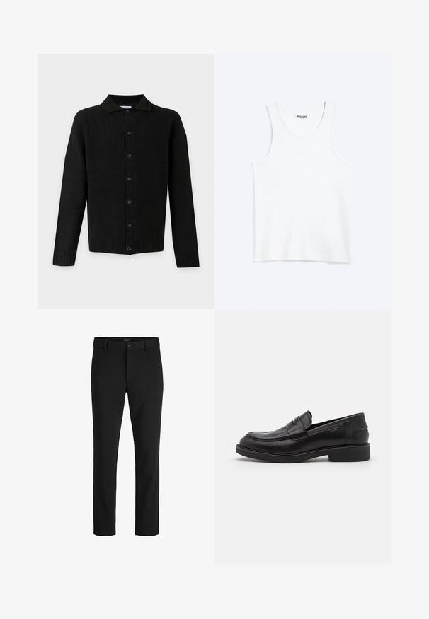 Cardigan noir à manches longues avec boutons, col, poignets et ourlet côtelés, présenté sur un fond gris clair.; Débardeur blanc sans manches avec col rond et étiquette de la marque Weekday à l'intérieur du col arrière, présenté à plat sur un fond clair.; Pantalon noir slim-fit avec passants pour ceinture, fermeture par bouton et devant lisse.; Mocassins en cuir noir avec un bout arrondi, des coutures ton sur ton et un détail de sangle à l'avant. Semelle en caoutchouc avec un petit talon.