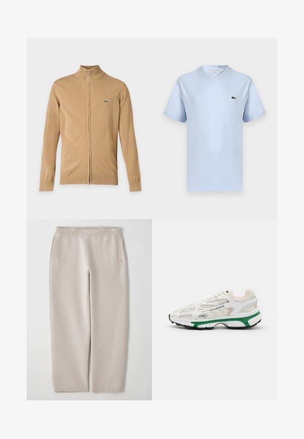 Pull beige à manches longues zippé avec poignets et ourlet côtelés, col montant et petit logo crocodile vert sur la poitrine gauche.; T-shirt bleu clair à col en V et manches courtes avec petit logo crocodile vert Lacoste sur le côté gauche de la poitrine.; Pantalons de jogging beiges en tissu doux, avec une large taille élastique, des poches latérales et des jambes fuselées pour un ajustement décontracté.; Sneaker blanc avec accents verts et semelle en caoutchouc noir. Comprend des panneaux en mesh et en synthétique, avec une finition texturée et des coutures visibles.