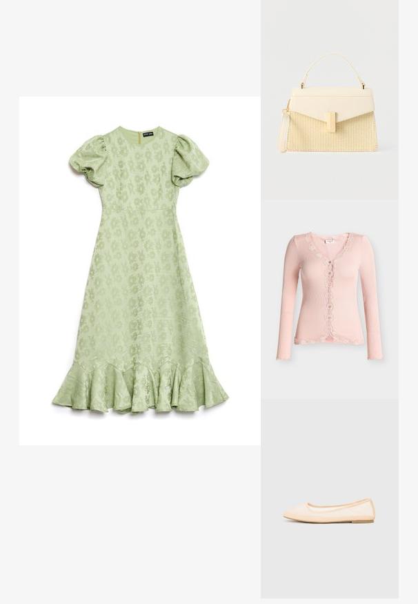 Lyserød ribbet langærmet cardigan med bølget blonderkant langs halsudskæring, knapstolpe og kant, med seks knapper foran.; Lysegrøn kjole med puffærmer, blomsterstruktureret stof og en flared ruffled bund. Har en lynlås i ryggen til lukning.; Beige ballet-flade med spids tå, flad sål og gennemsigtig mesh-overdel. Accentueret med enkle stikninger langs kanterne.; Kremfarvet håndtaske med flettet tekstur, guldfarvet rektangulært lås, top håndtag og aftagelig håndledsrem på en ens hvid baggrund.