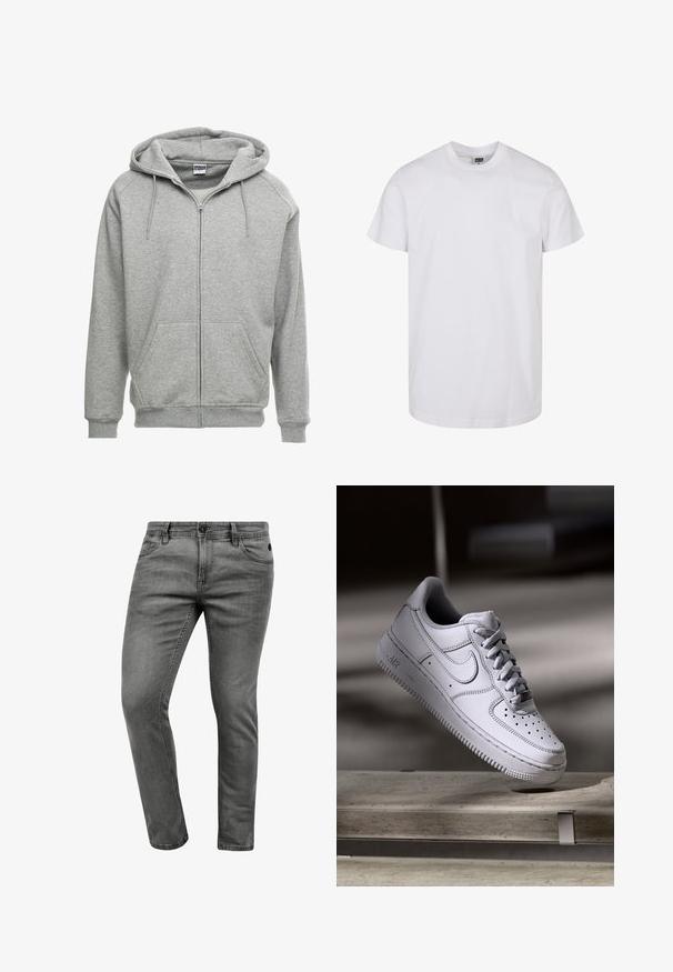 Sweat à capuche zippé gris avec une capuche spacieuse, des poches kangourou et des poignets côtelés. Le tissu semble doux et texturé, adapté pour un usage décontracté.; T-shirt en coton blanc à manches courtes, col rond et ourlet droit. Texture lisse, sans motifs ni graphismes, étiqueté "Urban Classic".; Jean en denim gris avec une coupe slim, comportant cinq poches, une fermeture à bouton et des détails de couture subtils. Texture douce et design épuré.; La basket Nike Air Force 1 en cuir blanc présente un embout perforé, des lacets plats et une semelle en caoutchouc texturée avec le logo « AIR » sur le côté.