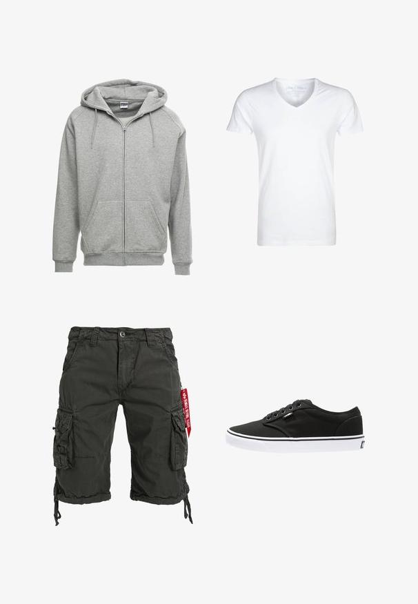 Sudadera con cremallera gris, con una capucha amplia, bolsillos tipo canguro y puños acanalados. La tela parece suave y texturizada, adecuada para el uso casual.; Camiseta blanca de cuello en V hecha de algodón suave. Mangas cortas, ajuste holgado y costuras mínimas. Sin patrones ni gráficos.; Bermudas cargo de color verde oscuro fabricadas con tejido resistente, que cuentan con múltiples bolsillos laterales, un dobladillo con cordón y un acento de etiqueta roja.; Zapatillas de lona negras con suelas de goma blancas, punta redondeada, cinco ojales, branding mínimo y costuras en blanco y negro.
