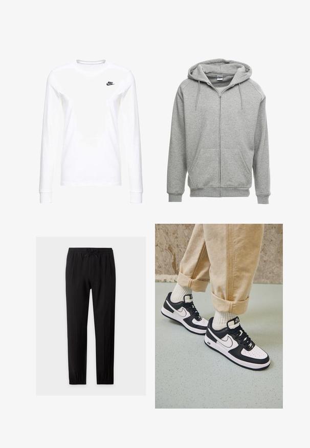 Grå zip-up hættetrøje med en rummelig hætte, kengurulommer og ribbede manchetter. Stoffet ser blødt og tekstureret ud, velegnet til afslappet brug.; Hvid langærmet T-shirt lavet af bomuld, med et lille sort Nike-logo på venstre bryst og en rund halsudskæring. Glat tekstur.; Sorte afslappede bukser med elastisk talje og snøre, lige ben og elastiske manchetter ved anklerne.; Sorte og hvide Nike Air Force 1 sneakers med læderoverdel, perforeret tå og tekstureret såldetalje, båret med rullede beige bukser og hvide sokker.