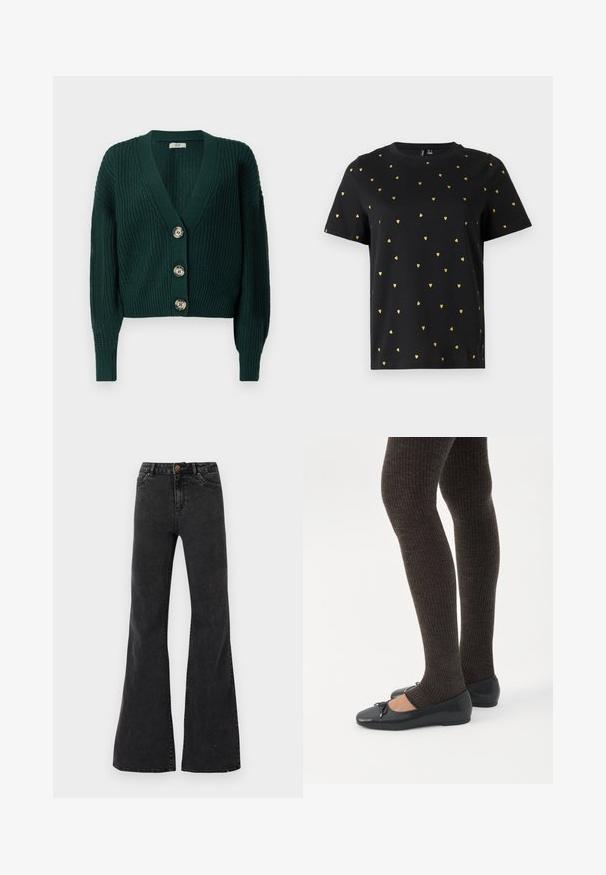 Donkergroene grofgebreide cardigan met lange mouwen, diepe V-hals, geribde manchetten en zoom, en drie grote ronde knopen aan de voorkant.; Zwart T-shirt met korte mouwen van katoen, bezaaid met kleine gouden hartjespatronen die gelijkmatig over de stof verspreid zijn. Ronde halslijn.; Zwarte flared jeans van denim, met een hoge taille, voorzakken en zichtbare naden. Gladde textuur met een lichte glans.; Benen met donkere geribbelde leggings gecombineerd met zwarte ballerina's met kleine strikdetails op een witte achtergrond.
