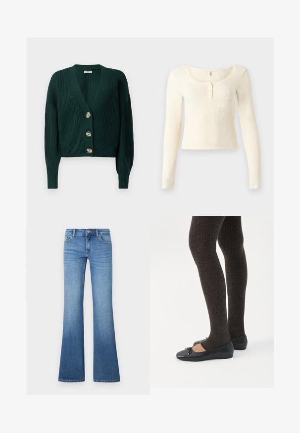 Chaqueta de punto grueso de color verde oscuro con mangas largas, escote en V profundo, puños y bajo acanalados, y tres grandes botones redondos en la parte delantera.; Top de punto acanalado de manga larga en color crema claro; presenta un escote redondo y una tapeta de tres botones. Textura suave y diseño ajustado.; Vaqueros acampanados de mezclilla en azul claro. Presentan un diseño de cinco bolsillos, cierre con botón de metal y un sutil desgaste cerca de las rodillas.; Piernas con leggings oscuros acanalados combinados con bailarinas negras que presentan pequeños detalles de lazo sobre un fondo blanco.