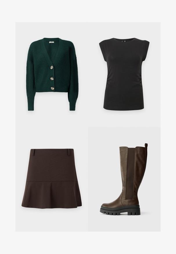 Gilet en maille épaisse vert foncé avec manches longues, col en V profond, poignets et ourlet côtelés, et trois gros boutons ronds sur le devant.; Haut noir ajusté sans manches, avec un col rond et un léger fronces sur les côtés, présenté sur un fond clair uni.; Mini-jupe évasée marron en tissu lisse, avec une taille ajustée et des détails de couture subtils. Design simple sans motifs.; Bottine marron en cuir, hauteur genou, avec une finition mate, des panneaux latéraux élastiques et une semelle en caoutchouc noire épaisse. Forme droite avec un bout arrondi.