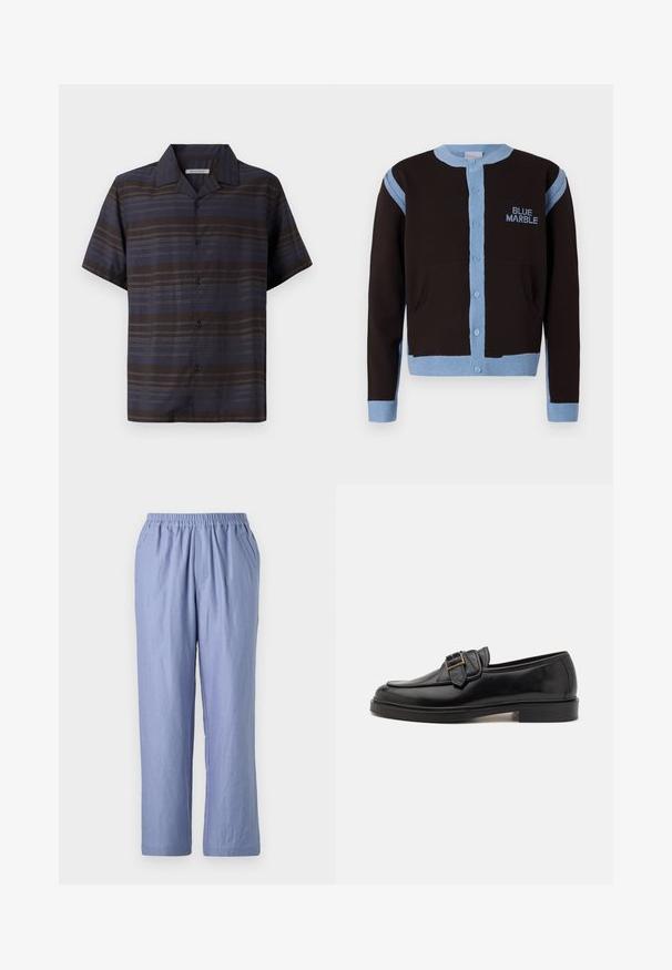 Sort cardigan med lyseblå detaljer, med knaplukning og lommer. "BLUE MARBLE" logoet er broderet i blåt på brystet.; Kortærmet skjorte i mørkeblå og brun med lodrette striber, knaplukning foran, spidse krave og glat stofstruktur.; Lysblå, løstsiddende bukser med elastisk talje, to sidelommer og lige ben. Fremstillet af blødt stof med en glat overflade.; Sorte læder loafers med rund tå og en dekorativ spændeaccent. Flad, solid hæl og glat tekstur hele vejen igennem.