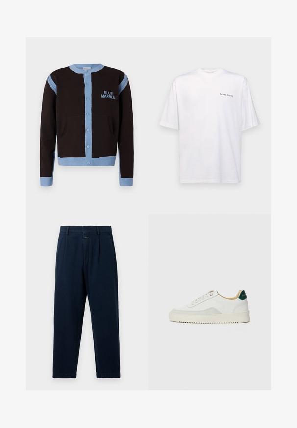 Cardigan noir avec des accents bleu clair, présentant un devant à boutons et des poches. Le logo "BLUE MARBLE" est brodé en bleu sur la poitrine.; T-shirt blanc à manches courtes en coton avec un col en V, présentant un logo noir "FILLING PIECES" imprimé sur le côté gauche.; CLOSED BLOMBERG - Jean baggy - dark blue; Baskets blanches avec des accents en daim, bout arrondi, lacets plats et semelle en caoutchouc crème. Présente une marque verte sur le talon.
