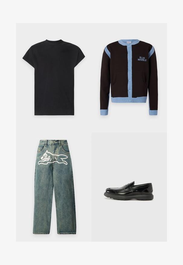 Schwarze Strickjacke mit hellblauen Akzenten, mit Knopfleiste und Taschen. Das "BLUE MARBLE" Logo ist in Blau auf der Brust gestickt.; Won Hundred CREED - T-Shirt basic - black; Hellblaue Jeans im lässigen Schnitt mit einer großen weißen Katzengrafik auf dem linken Bein und klassischem Fünf-Taschen-Design.; Schwarze Lederloafer mit glanzendem Finish, abgerundetem Zehenbereich, subtilen Steppnähten und einer dicken Gummisohle für Langlebigkeit.