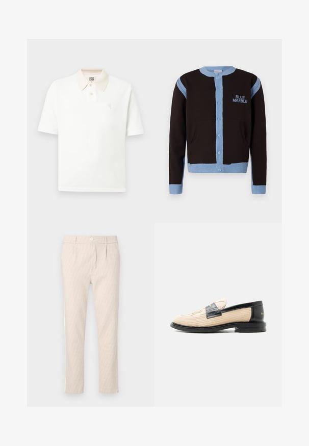 Sort cardigan med lyseblå detaljer, med knaplukning og lommer. "BLUE MARBLE" logoet er broderet i blåt på brystet.; Hvid polo med korte ærmer, beige krave, to knapper, tekstureret stof og lille broderet logo på brystet.; Beige mønstrede bukser med et diskret bladmotiv, veltilpassede, med knaplukning og sidelommer. Glat stoffetekstur.; Beige vævet loafer med sort skindkant, rundet tå, sort sål og dekorativt syet mønster på oversiden.