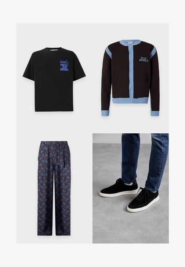Sort cardigan med lyseblå detaljer, med knaplukning og lommer. "BLUE MARBLE" logoet er broderet i blåt på brystet.; Sort bomulds t-shirt med korte ærmer, der har blå tekst "BESKYT DIN ENERGI" og et grafisk design på den øverste venstre side.; Bredde bukser i mørkt stof med et vævet blåt mønster. Elastisk talje sikrer komfort. Glat tekstur med geometriske accenter.; Sorte ruskind sneakers med en hvid gummisål, der har et klassisk low-top design, rundt tå og flade sorte snørebånd.