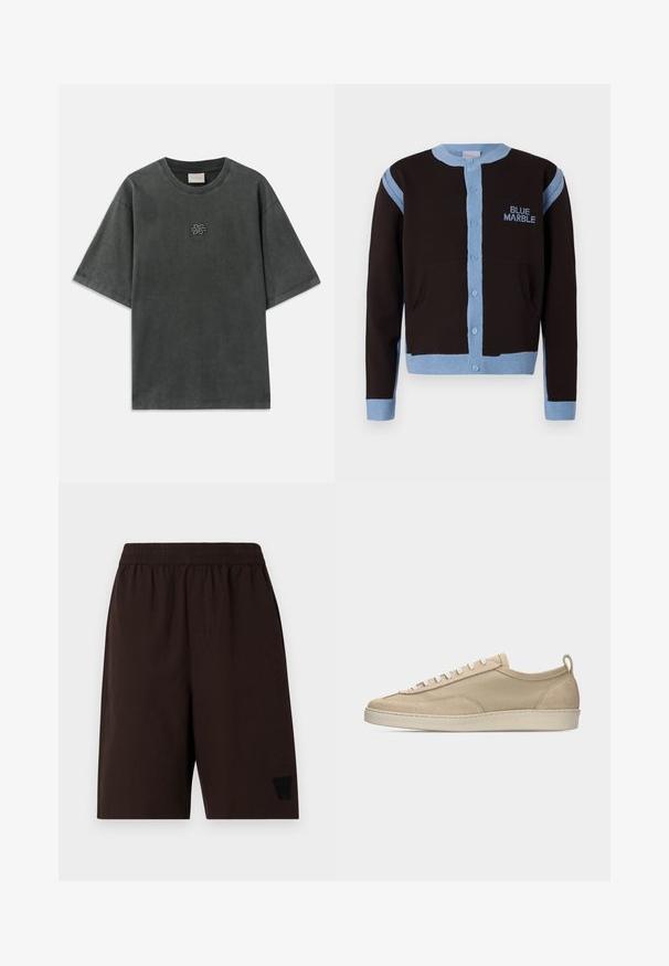 Schwarze Strickjacke mit hellblauen Akzenten, mit Knopfleiste und Taschen. Das "BLUE MARBLE" Logo ist in Blau auf der Brust gestickt.; Dunkelgraues oversized T-Shirt mit kurzen Ärmeln, Rundhalsausschnitt und kleinem bestickten Knotendesign mittig auf der Brust.; Braune Shorts mit elastischem Bund und seitlichen Taschen, aus strukturiertem Stoff und mit einem schwarzen gestickten Logo am linken Bein.; Beiger Sneaker mit niedriger Schafthöhe, Obermaterial aus Stoff und Wildleder, weißen Schnürsenkeln, Gummisohle und Fersenlasche, seitlich auf weißem Hintergrund dargestellt.