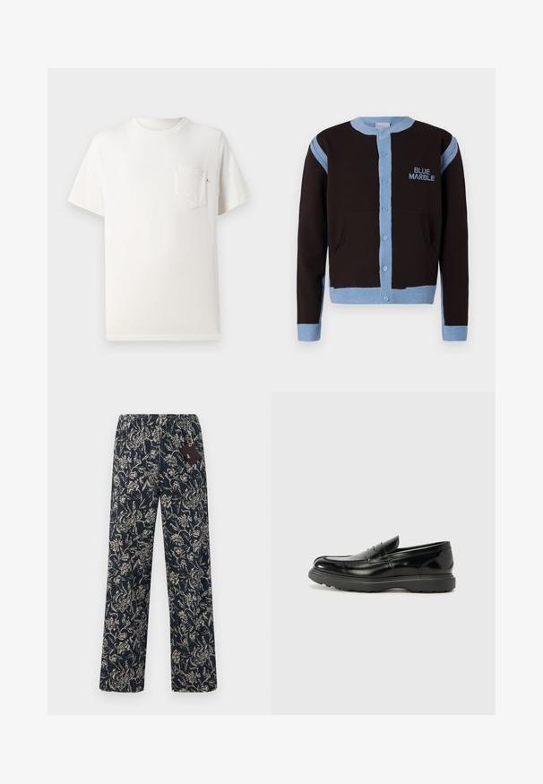 Sort cardigan med lyseblå detaljer, med knaplukning og lommer. "BLUE MARBLE" logoet er broderet i blåt på brystet.; Hvid bomulds t-shirt med korte ærmer, rund hals og brystlomme. Glat tekstur og minimalistisk design. Ingen synlige mønstre eller accenter.; Marineblå bukser med blomsterprint, elastisk talje og en løs pasform i struktureret stof. Inkluderer et mærke fastgjort til taljen.; Sort læderloafer med en blank finish, rund tå, subtile syninger og en tyk gummisål for holdbarhed.