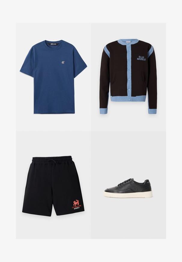Sort cardigan med lyseblå detaljer, med knaplukning og lommer. "BLUE MARBLE" logoet er broderet i blåt på brystet.; Marineblå bomulds t-shirt med rund hals, korte ærmer og et lille ovalt logo på venstre bryst. Glat tekstur, afslappet pasform.; Les Benjamins Træningsbukser - black; Sort lædersneaker med struktureret overflade, rund tå og flad hvid gummisål. Har sorte snørebånd og branding på hælen.