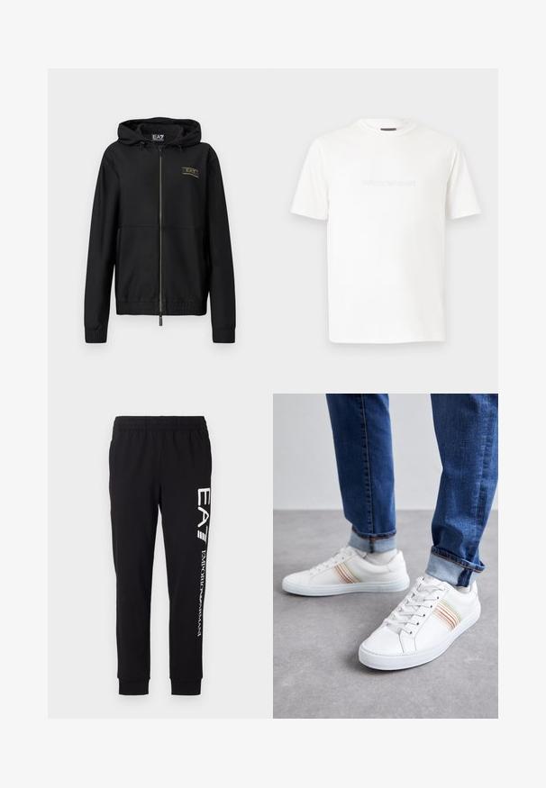 Must zip-up jope tekstuuriga kangast, ühendatud kapuutsi, elastsete varrukapitside ja vöökohaga. Rinnal on kuldse logoga detail.; Valge lühikeste varrukatega ümara kaelusega T-särk, millel on sümboolne reljeefne Emporio Armani logo rinnal keskel.; Mustad mustad, mis on valmistatud venivast kangast. Funktsioonideks on elastne vöökoht, kitsenevad varrukad ja valge bränding vasakul jalal.; Valged nahast spordijalatsid mitmevärviliste triipudega, nööriga disain, kummist talla ja pehmendusega krae, kombineeritud siniste teksadega.