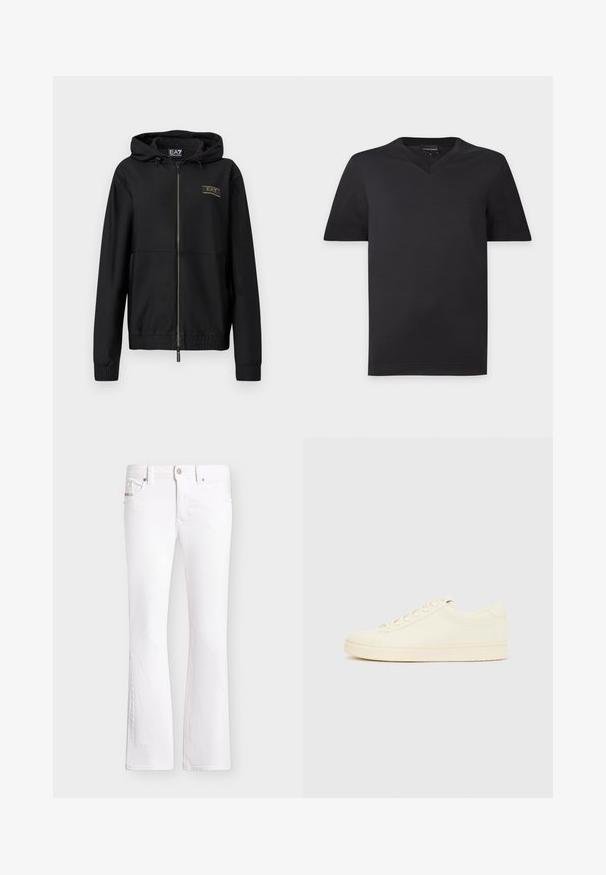Veste noire à fermeture éclair avec tissu texturé, capuche attachée, poignets élastiques et taille élastique. Détail logo doré sur la poitrine.; T-shirt noir homme à manches courtes avec col en V et un logo subtil sur la poitrine, sur un fond uni clair.; Jean bootcut blanc avec fermeture avant par bouton et zip, passants de ceinture et poches, présenté sur un fond uni.; Baskets couleur crème avec une tige en cuir lisse, bout arrondi, laçage à l'avant et semelle en caoutchouc texturée. Design minimaliste, sans logo.