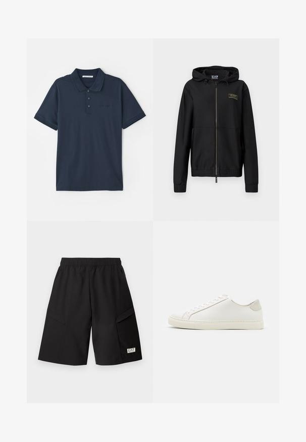 Must zip-up jope tekstuuriga kangast, ühendatud kapuutsi, elastsete varrukapitside ja vöökohaga. Rinnal on kuldse logoga detail.; Tumesinine polo särk, mis on valmistatud puuvillast, kolmepainutusega nööpide, lühikeste varrukkatega ja rindkere juures diskreetse logoga. Sujuv tekstuur.; Mustad põlvepikkused lühikesed püksid elastse vöökohaga, külgedel taskud ja vasakul jalal väike EA7 Emporio Armani logo.; Valge nahast sneaker, millel on sile pind, ümar varvas ja minimalistlik disain. Omab beeže aktsente kontsas ja kummist tallat.