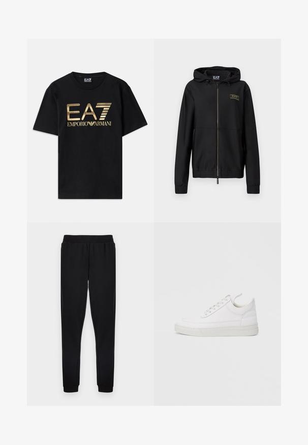 Sort lynlåstrøje med tekstureret stof, fast hætte, elastiske manchetter og linning. Har et gyldent logodetalje på brystet.; Sort bomulds t-shirt med korte ærmer, med et guldtryk af "EA7 EMPORIO ARMANI" logoet på forsiden. Enkelt design, rund hals.; Sorte joggingbukser med elastisk taljebånd, tilspidsede ben og ribstrikkede ankler, lavet af blødt stof uden synlige mønstre.; Hvid lædersneaker med rundet tå, flad sål og snørebånd foran. Har syningsdetaljer og polstret krave for komfort.