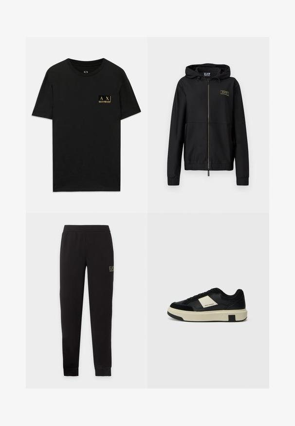 Sort lynlåstrøje med tekstureret stof, fast hætte, elastiske manchetter og linning. Har et gyldent logodetalje på brystet.; Sort bomulds T-shirt med rund halsudskæring. Har et lille guld logo-patch på venstre bryst med teksten "AX Armani Exchange". Klassisk pasform.; Sorte sweatpants med tapering, elastisk talje og manchetter, med en lille EA7 Emporio Armani-logo på den øverste højre lår.; Sorte sneakers med en glat læderoverdel, beige detaljer, rund tå, flad sål og sort gummisål. Har minimal logo-detalje.