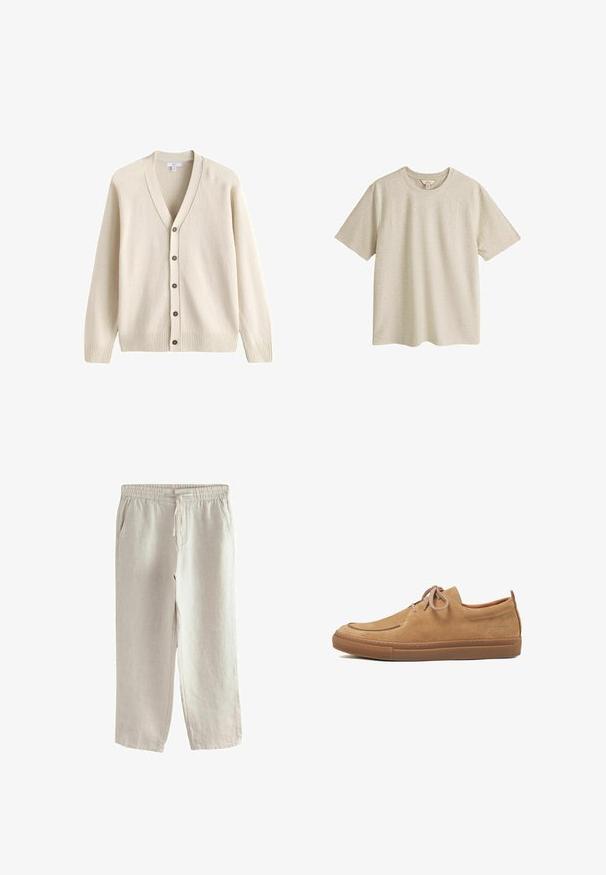Gebreid vest in roomkleur met lange mouwen, V-hals, vijf bruine knopen aan de voorkant en geribbelde boorden en manchetten.; Beige T-shirt met korte mouwen en ronde hals van lichtjes gestructureerde stof, plat uitgespreid afgebeeld op een witte achtergrond.; Lichtbeige linnen broek met elastische tailleband, aantrekkoord, zijzakken en rechte pijpen.; Casual schoenen van suède in tan met een ronde neus, vetersluiting en een rubberen zool. Voorzien van stikdetails en een klein logo aan de zijkant.