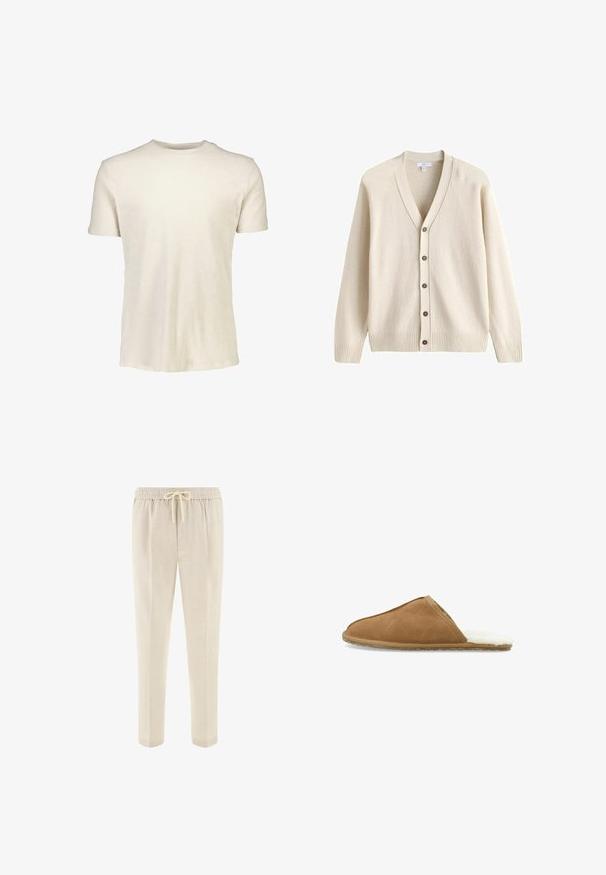 Flødefarvet strikket cardigan med lange ærmer, V-udskæring, fem brune knapper ned foran samt ribstrikkede kanter og ærmeafslutninger.; Kortærmet T-shirt i lyse beige, lavet af blødt bomuld. Har en rund halsudskæring og en glat tekstur uden mønstre eller grafik.; Beige bukser med snøre i taljen, forlommer og lige ben, designet til afslappet eller casual brug.; Brun ruskind slip-on tøffel med blødt hvidt imiteret pelsfor, rundet tå og tekstureret sål for godt greb. Enkelt design uden pynt.