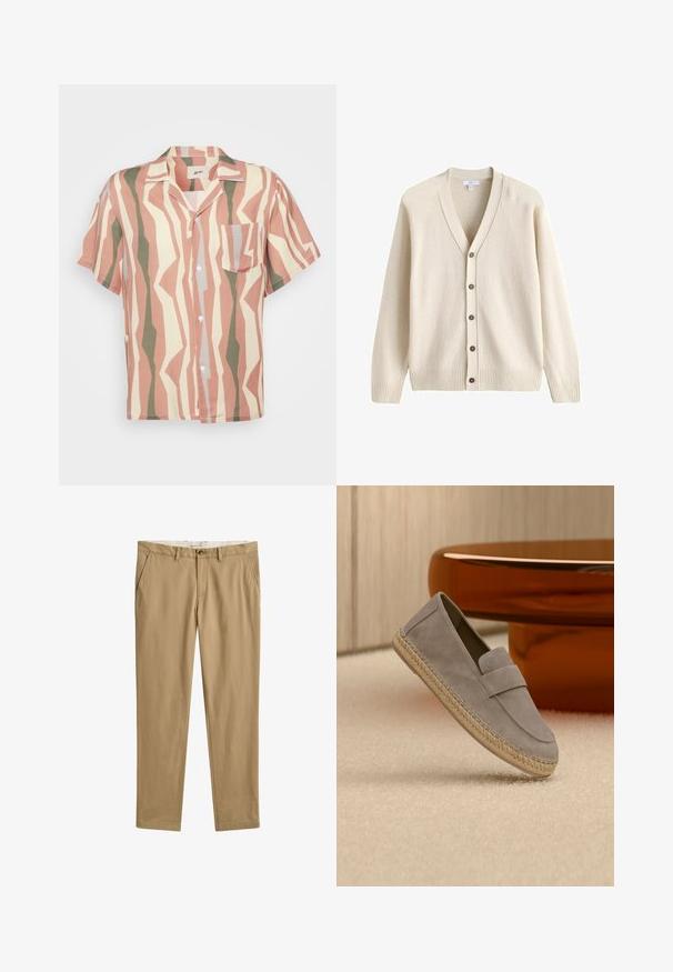 Flødefarvet strikket cardigan med lange ærmer, V-udskæring, fem brune knapper ned foran samt ribstrikkede kanter og ærmeafslutninger.; Kortærmet button-up skjorte med et lyserødt, beige og grønt zigzag mønster; inkluderer en enkelt brystlomme og hvide knapper.; Beige afslappede bukser med lige ben, bæltestropper, frontknap og lynlås, samt sidelommer, frontudsigt.; Lysegrå ruskindsløffer med vævet jutesål, vist hvilende på et beige tæppe med et blankt brunt bord i baggrunden.